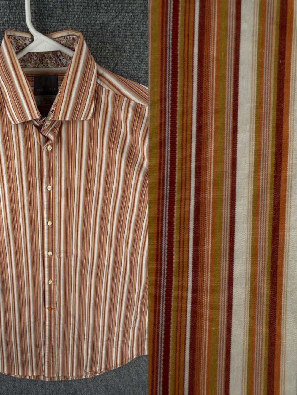 Thomas Dean Long Sleeve Button Up Shirt Men Cotton Orange Striped XL Woven